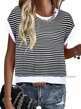 Short Sleeve Crewneck Knit Top Lightweight Casual Pullover Blouse